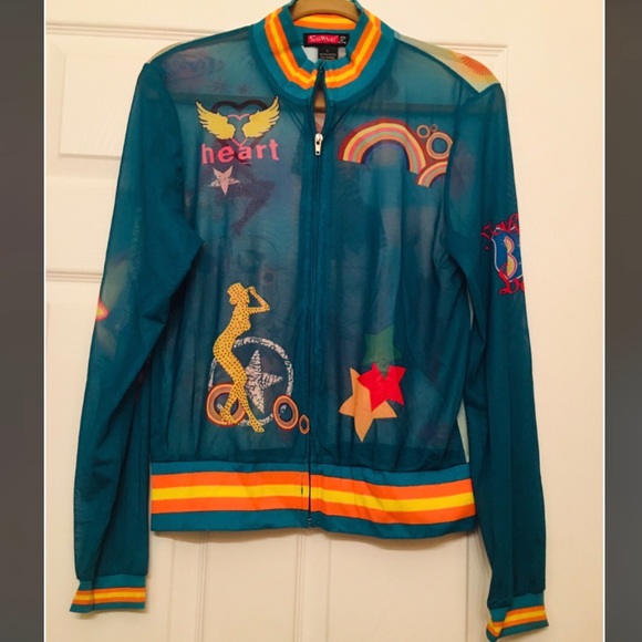Say What? Jackets & Blazers - Sheer Retro Bomber Rhinestones Pin-Up Turquoise L